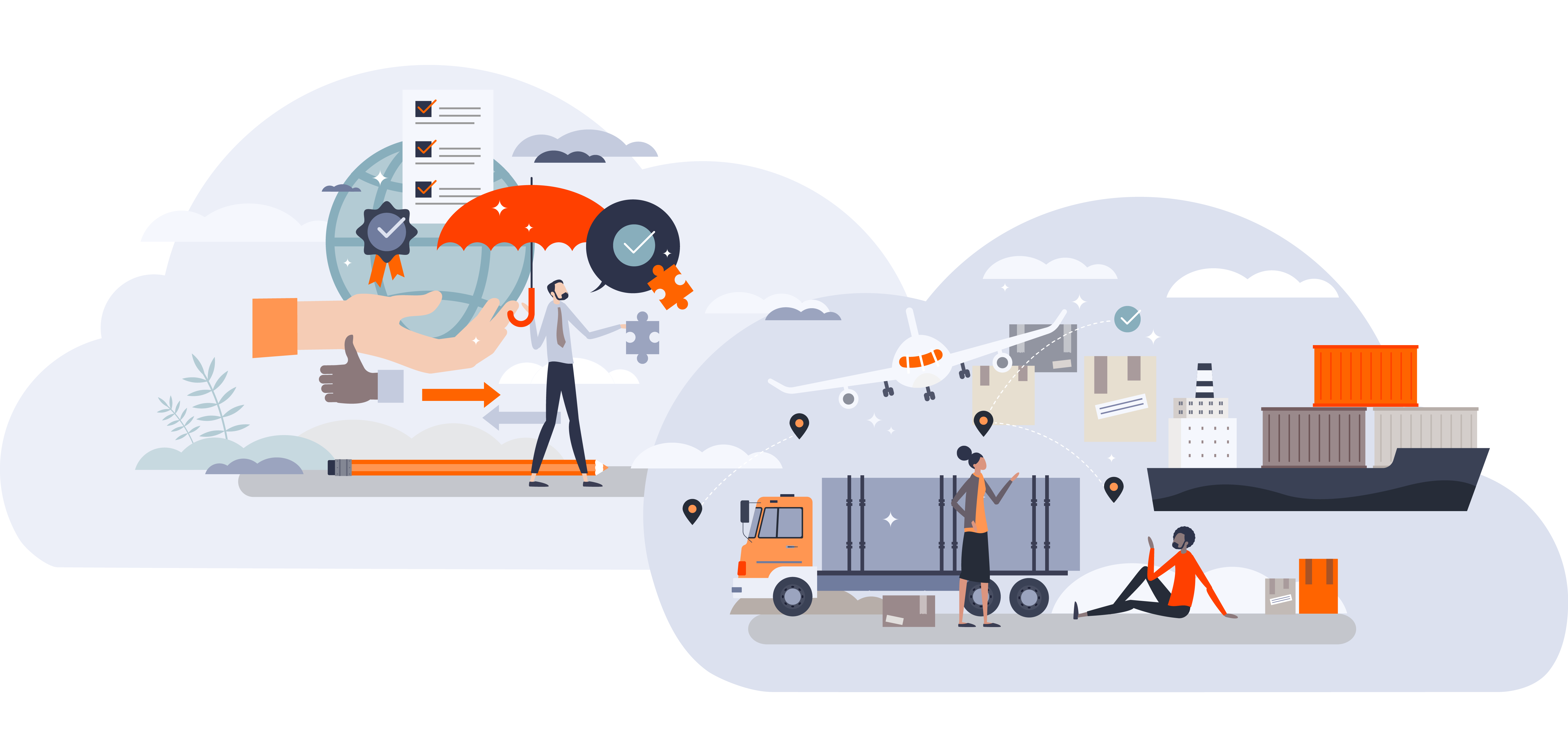 Illustration of compliance in comic style with a person under an umbrella, matching puzzle pieces and a globe with an approved form and an illustration of supply chain in comic style with airplane, ship and truck at different locations